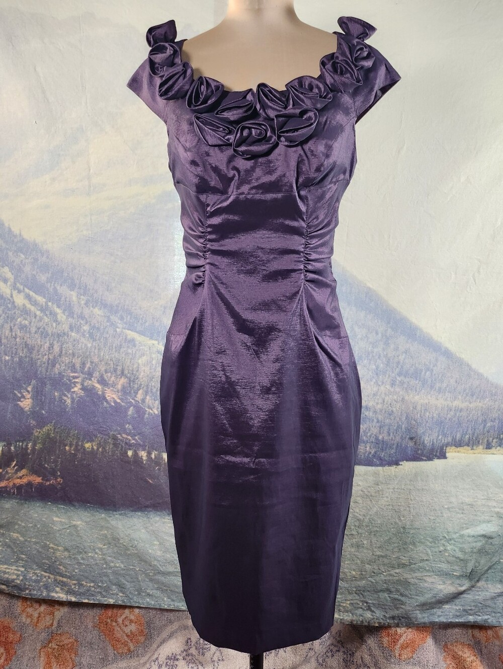 Adrianna Papell Rosette Collar Purple Satin Ruched Formal Sheath Dress Sz 8